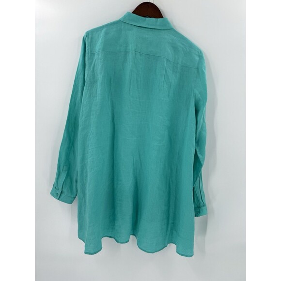 Eileen Fisher Shirt 100% Organic Irish Linen ButtonFront A Line Tunic Aqua LARGE - Picture 2 of 13